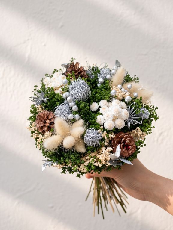 WHITE AND SILVER DRIED BQT WITH PINECONES
